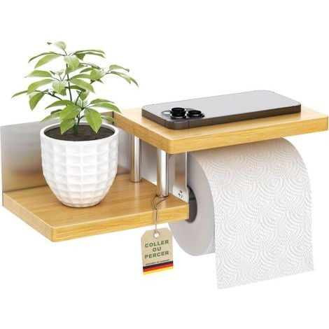 Porte Papier Toilette Mural en Bois de Bambou [sans PERCAGE]  Derouleur Papier Toilette de Haute qualité avec étagères  Noir  Porte Rouleaux de Papier Toilette (1/5)