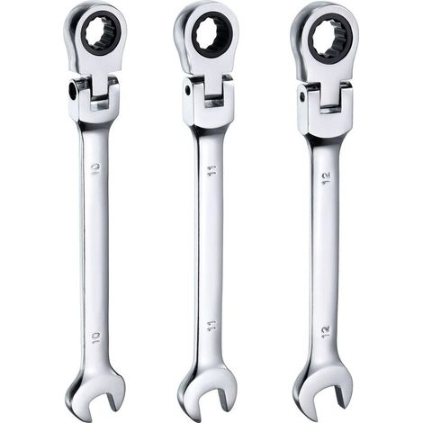 Lot de 3 clés mixtes à cliquet à tête flexible (10/11/12 mm) — Tête rotative à 180° — 72 dents — Acier Chrome-Vanadium — Pour écrous et boulons (1/5)