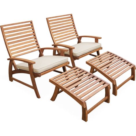 sweeek - 2er Set Gartenstühle mit Fußstütze Teak / Beige
