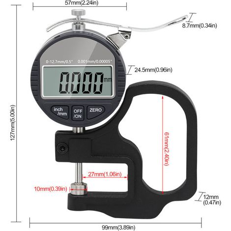 Hochpräzises digitales Dickenmessgerät (0,001 mm), 0-12,7 mm, elektronisch, geeignet für Papier und Folie.