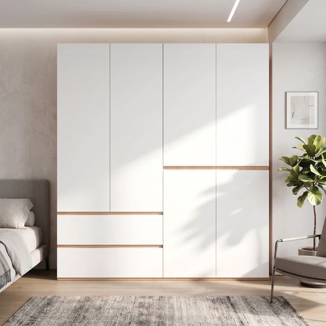 Armoire 6 portes battantes, 180 x 50 x 200 cm, avec 2 tringles et 5 tiroirs, design classique pour chambre, entrée, chambre d'enfant ou bureau, chêne artisanal/blanc (1/5)