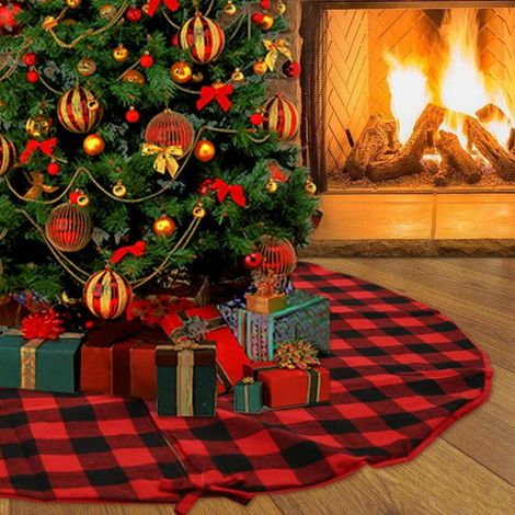 Tapis de sapin de Noël de 122 cm (48 pouces) à motif à carreaux rouges et noirs, double épaisseur, pour décorations de Noël (1/5)