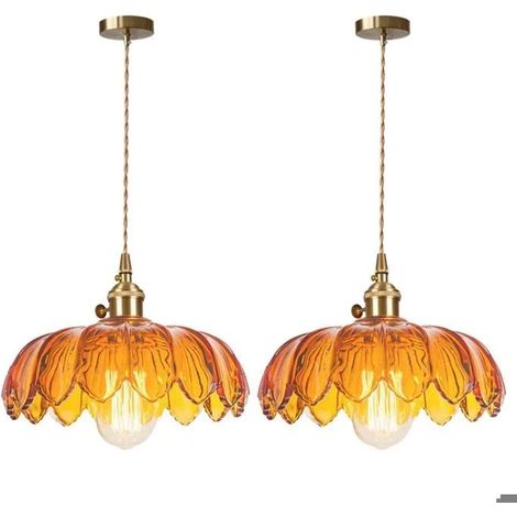 2pcs Suspesion Luminaire Vintage en Verre Ambre,25cm Moderne Lampe de Plafond Reglable Abat-jour en Fleur avec Interrupteur (1/5)
