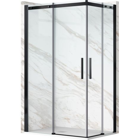 Cabine de douche 90x90 cm coulissante en 6mm verre trempé anticalcaire, profils noirs (1/5)