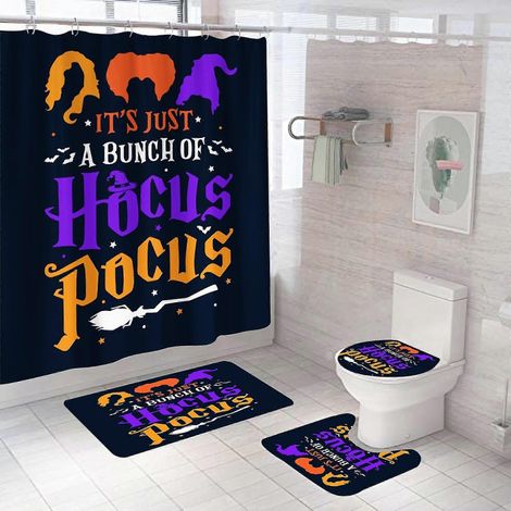 Ensemble de douche 4 pièces Hocus Decor Pocus avec tapis antidérapants, couvre-abattant de toilette et tapis de bain, ensemble de salle de bain (c) avec rideau de douche Halloween et M (1/5)