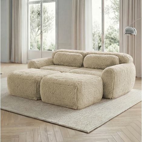Divano modulare nuvola 2 posti con 2 pouf, senza montaggio, in tessuto peluche, beige chiaro (1/5)