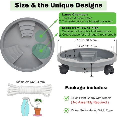 Lot de 3 bacs à plantes de 33 cm avec roue verrouillable, drainage et auto-arrosage, support de pot de fleurs rond à roulettes mobiles pour intérieur et extérieur (1/4)