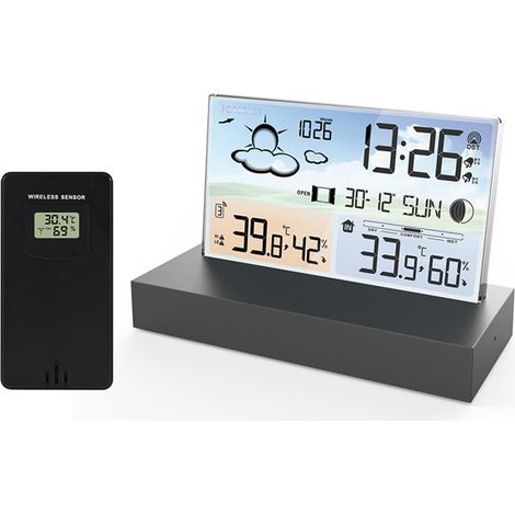Stazione meteorologica wireless per interni/esterni con sensore, display retroilluminato a LED, termometro, igrometro, barometro, orologio digitale, sveglia e funzione snooze, previsioni del tempo