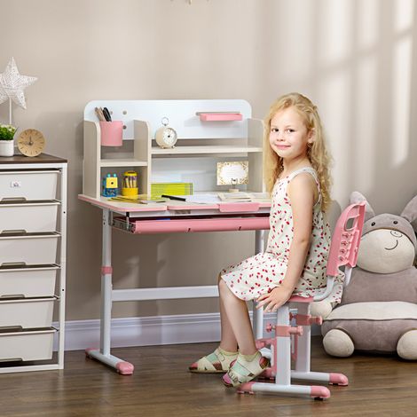 Bureau Chaise Hauteur Réglable Table Basculante 80x52x88-109 35,5x44,5x66-80 Rangement Travail +3 ans Rose