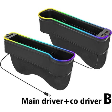 (B) Boîte de rangement pour recoins de voiture avec 2 chargeurs USB rapides, lampe d'ambiance LED, organisateur pour combler l'espace entre les sièges de voiture, accessoires intérieurs de voiture (1/5)