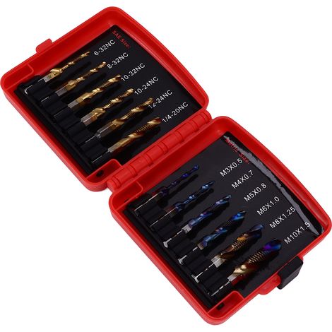 Lot de 12 forets tarauds combinee HSS metrique bleui Ti imperial taraudage hex 1/4in (1/5)