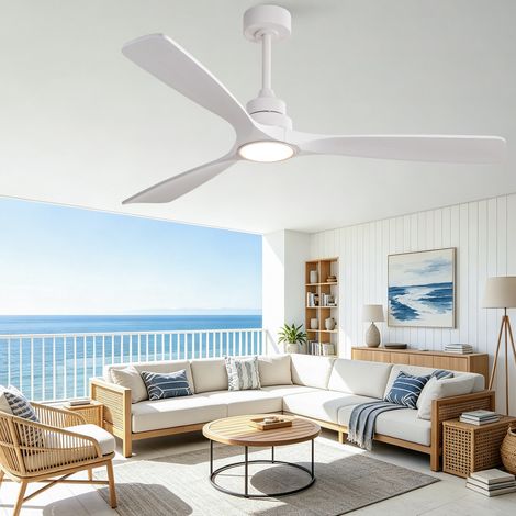 Ventilador de techo 60 pulgadas con 3 aspas de madera, LED regulable, mando a distancia, motor DC reversible, blanco (1/5)