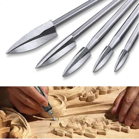Outils de travail du bois, ensemble de couteaux à graver le bois, accessoires pour outil rotatif à tige de 3 mm (5 pièces pour graveur sur bois) (1/5)