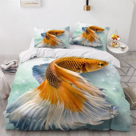Housse de Couette 140x200 Enfant Poisson Parure de Lit 1 Personne Microfibre Housse de Couette La Vie Marine 3D Imprimé Literie Set 3 Pièces avec Fermeture Éclair - 140x200+2x50x75 (1/5)