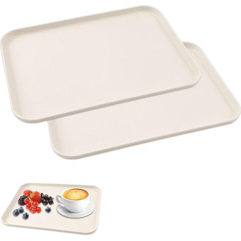 Lot de 2 - Plateau de service - Plateau repas - Rectangulaire antidérapant en plastique pour cuisine et buffet Beige 31x22x1,5cm (1/5)