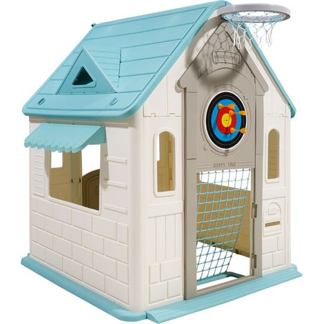 Maison de jeux extérieure 5-en-1, avec panier de basket, fléchettes, football, anneaux, fenêtre et porte pratique. Toboggan pour enfants dès 2 ans, bords lisses, polypropylène. (1/5)