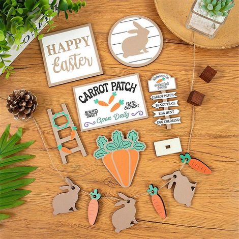 Tablettdekoration: 1 Set gestufter Tabletts für Ostern, Holztischplatten, grünes Holz-Mittelstück für eine graue gestufte Raumdekoration. (1/3)