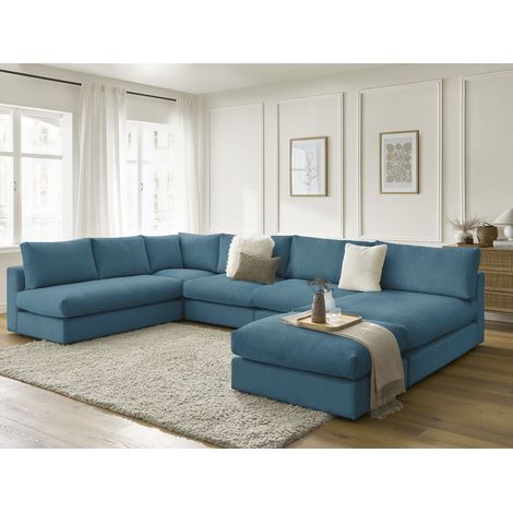 BOBOCHIC - Canapé d'angle modulable PARIS velours côtelé avec 3 chauffeuses, 1 méridienne, 1 angle, et 1 pouf Bleu clair (1/5)