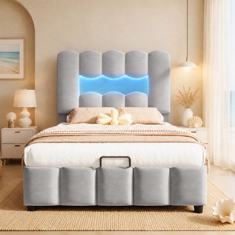 Letto contenitore 90x200 cm imbottito con LED, testiera regolabile, velluto grigio DESVIAE (1/5)
