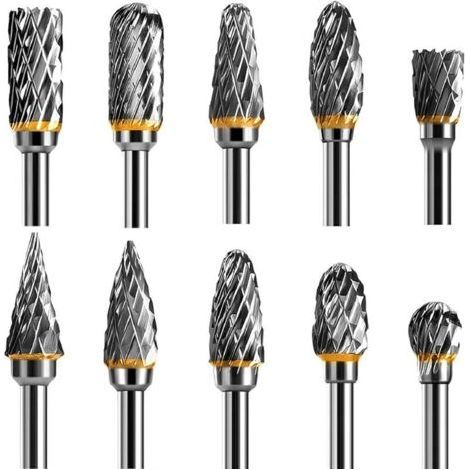 10 Piece Tungsten Carbide Steel Rotary Burr Set, Double Flute, Rotary Tool, 3.175mm (1/8") Shank, for DIY, Wood Carving, Metal Polishing, (1/4)
