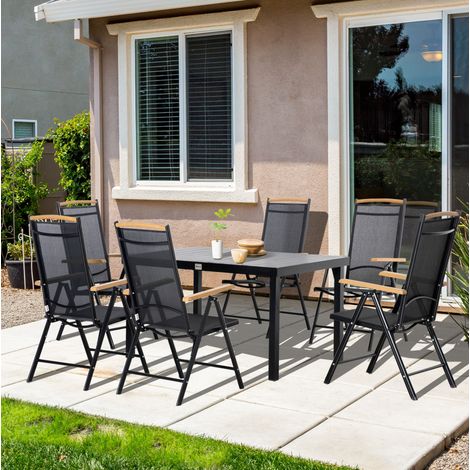 Set mobili da giardino 140x90x74 cm, tavolo per 6 persone con 6 sedie pieghevoli reclinabili, alluminio nero (1/5)