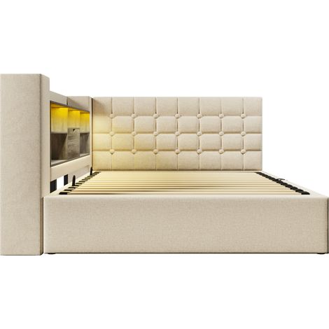 Polsterbett 140x200 cm mit LED, L-Kopfteil, hydraulischem Stauraum und Matratze, Beige (1/5)