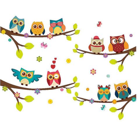 stickers Muraux Enfants 9 Chouettes Sur Branches (120x100 Cm) I Arbre Fleurs Oiseau Papillons Autocollants I Sticker Mural Pour Chambre D'enfant B (1/5)