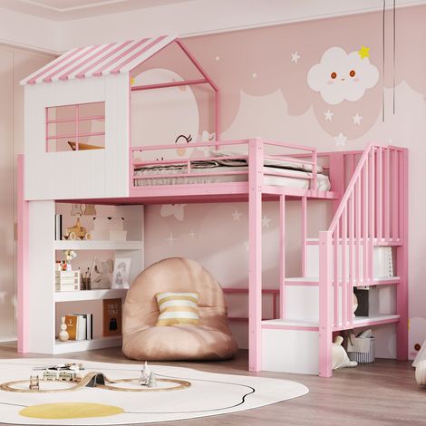 Lit cabane mezzanine 90 x 200 cm rose métal avec étagères, escalier réversible et garde-corps haut, sans matelas (1/5)