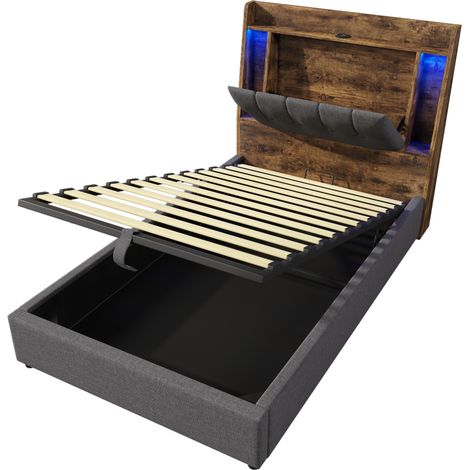 Lit capitonné 90x200 gris avec coffre de rangement, lit simple avec LED multicolore, tête de lit avec port USB et Type C, en lin. (1/5)