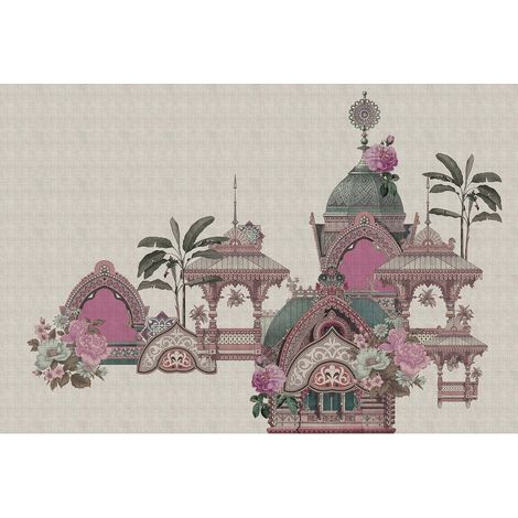 Papier peint panoramique zen à motif monuments indiens Tapisserie panoramique oriental abstrait Papier peint panoramique beige et rose salon (1/2)