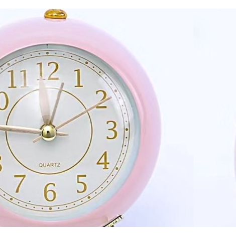 Kleiner runder Wecker mit rundem Sockel, geräuschlos, korrosionsbeständiges Quarzwerk mit Nachtlicht für Schlafzimmer oder Schule, Rosa