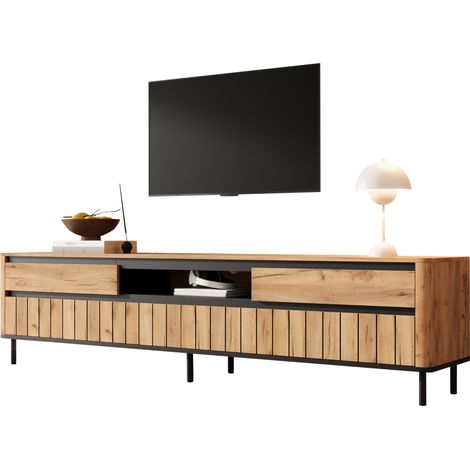 CHICFURN Meuble TV 180 cm avec 2 tiroirs, 2 portes abattantes et passe-câbles, meuble télévision en MDF bois clair et noir sur 6 pieds métal pour salon (1/5)