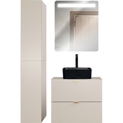 Badmöbel Set 3-teilig mit 60 cm Waschtisch & LED-Spiegel, in Beige - DURANGO-56 (1/5)