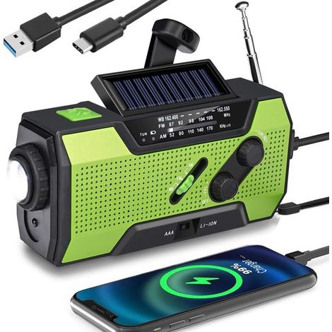 Radio de emergencia, radio de emergencia solar de cuerda, Radio, kit de radio de emergencia, radio portátil, radio recargable, 2000 mAh, verde (1/5)