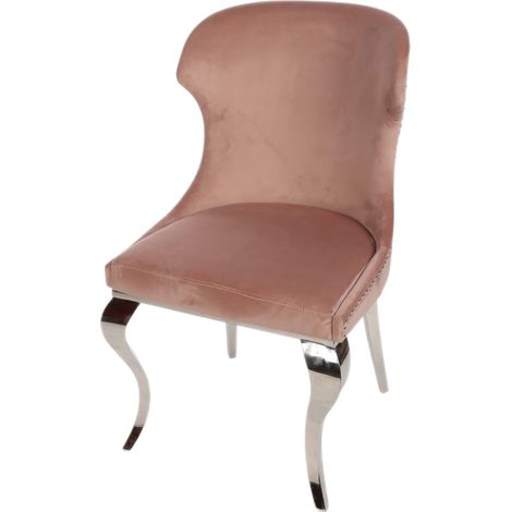 Silla de comedor de terciopelo rosa glamuroso con patas cromadas (1/4)