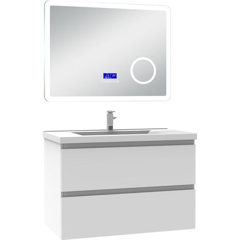 Ocean ensemble meuble 80 cm blanc avec 2 tiroirs à fermeture automatique, lavabo céramique simple + miroir salle de bain Bluetooth tricolore, suspendu