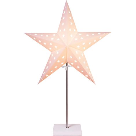 Star Trading Lampe de table poinsettia Leo de Star Trading, étoile de Noël en papier 3D en blanc avec pied en bois et métal, lampe de table étoile décorative avec interrupteur à câble, E14, hauteur : 