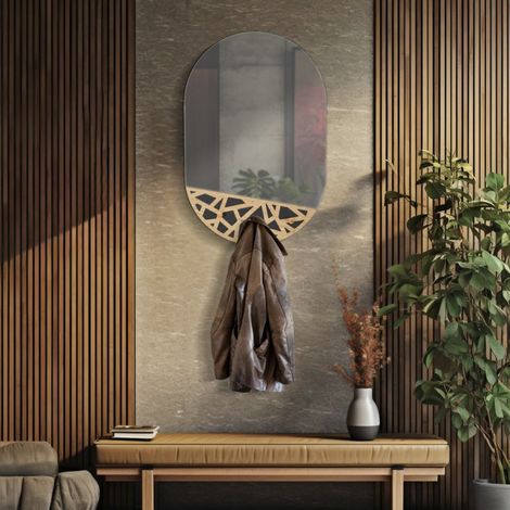 Espejo de pared ovalado con percheros 56x90 cm Lazio Madera y Negro (1/5)