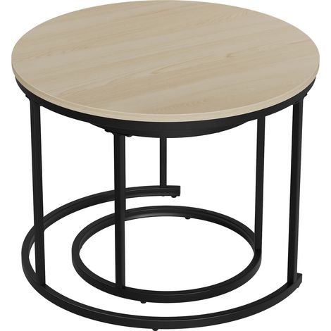 Ensemble de deux tables basses gigognes, placage chêne, table basse ronde de 60 cm de diamètre, structure en métal, style moderne, adapté au salon, à la chambre et au balcon. (1/5)