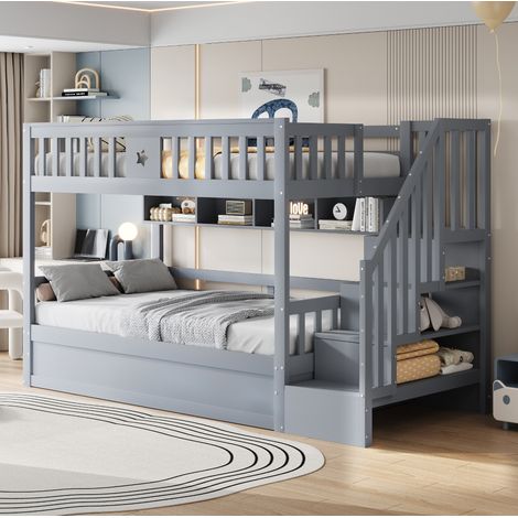 Lit superposé en bois gris 90x200 cm avec couchage inférieur hydraulique, escalier de rangement, étagères et garde-corps hauts