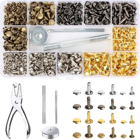 360 remaches de cuero, remaches tubulares con herramientas de fijación y alicates perforadores, remaches tubulares de metal para carteras, manualidades y proyectos de bricolaje. (1/5)