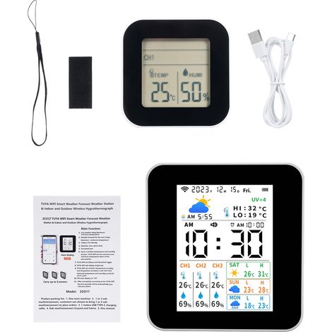 Thermomètre intérieur extérieur sans fil Tuya station météo – 1 capteur humidité température temps réel prévisions alarme date heure, mesure (1/5)