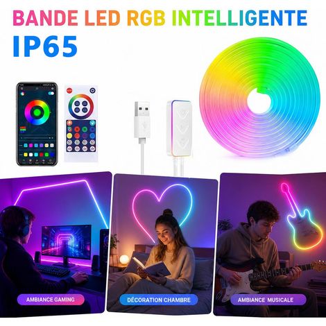HEMVOR Guirlande lumineuse néon LED RGBIC 3 m 180 LED Bluetooth, ruban néon flexible musical avec application et télécommande, USB 5 V, Blanc (1/5)