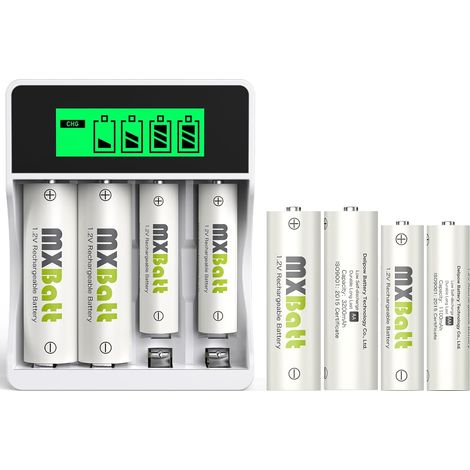 4 Piles AA et AAA Rechargeables NiMH, Chargeur LCD USB-C, 3200mAh 4 piles AAA, 1200 cycles, Charge rapide, Pour télécommandes, horloges murales, réveils, stations météo (1/5)