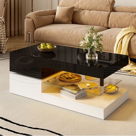 Table basse LED 90x45x35,5 cm noir et blanc en panneaux de particules avec plateau en verre et éclairage connecté (1/5)