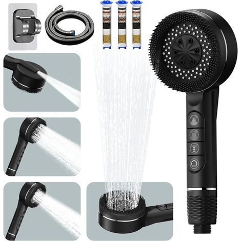 Pommeau de Douche Haute Pression, Pommeau Douche avec Filtre anti Calcaire, Douchette douche salle de bain avec Tuyau 1.5M et Support, 4 Types de Jets avec Bouton D'arrêt D'eau, Noir Profond (1/5)