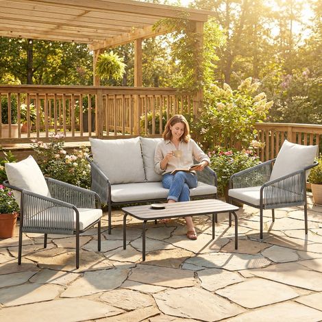 Ensemble de mobilier de jardin 4 pièces, ensemble lounge en polyrotin avec canapé deux places, 2 fauteuils, table basse amovible, coussins et attaches. (1/5)
