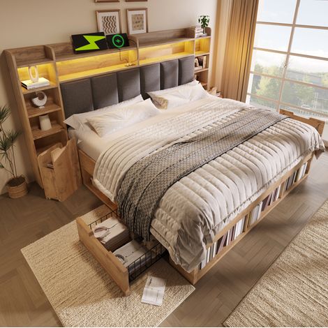 Lit adulte rangement LED 180x200 bois chene tiroirs HAVRYA (1/5)