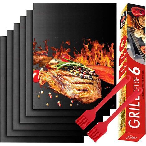 Feuille Teflon,BBQ Grill Mat Antiadhésif, Set de 6 Tapis Cuisson Barbecue 40x33 CM, Feuilles de Cuisson Réutilisable et Résistant à La Chaleur pour Amateur de Barbecue à Gaz (Noir)- (1/3)