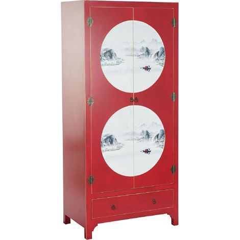 Armoire de rangement en bois de sapin /MDF coloris rouge - Longueur 85.5 x Profondeur 50.5 x Hauteur 186.2 cm -PEGANE- (1/5)